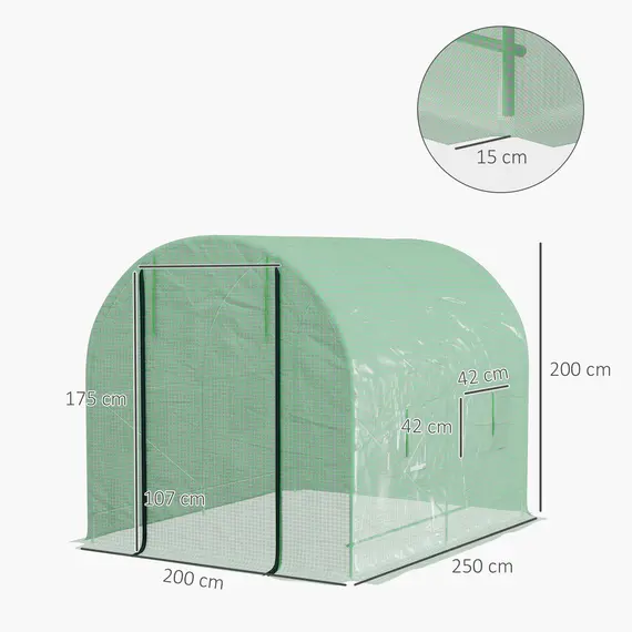 Buy Walk-In Garden Polytunnel Greenhouse with Steel Frame, PE Cover, Roll-Up Door and 4 Windows, 2.5 x 2m, Green, 3 image