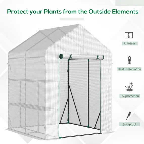 Buy Walk In Greenhouse with 2 Tier Shelf, Portable Gardening Plant Grow House Tomato Greenhouse with Roll up Zip Panel Door, Reinforced PE Cover, 143 x 143 x 195cm, Green, 4 image