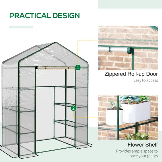 Buy Walk in Greenhouse with 4-Tier 8 Shelves, Green House with Hemmed Cover, Roll-up Zipped Door, Steel Frame, 143 x 73 x 195cm, 5 image