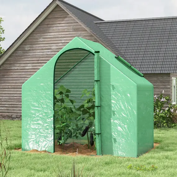 Buy Walk In Tomato Greenhouse Garden Outdoor Mini Greenhouse Flower Planter Steel Frame with Zipped Door & Window, PE Cover, 180 x 100 x 168CM, Green, 2 image