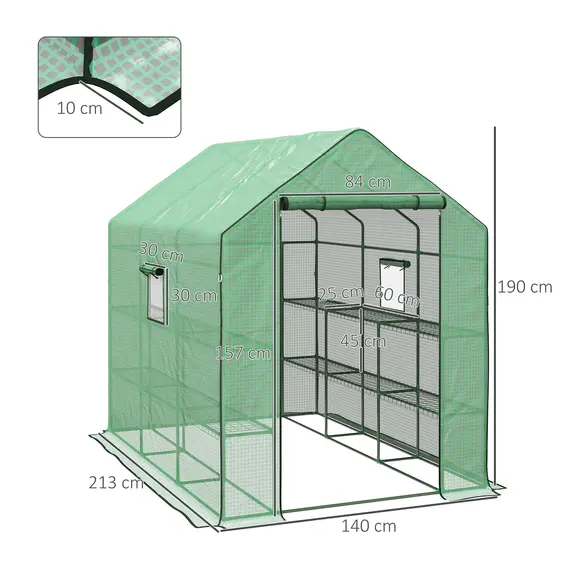 Buy Walk-in Greenhouse with 3 Tier 12 Shelves, Small Greenhouse with Reinforced PE Cover, Garden Plant Growhouse with Roll-up Door and Three Mesh Windows, 140 x 213 x 190 cm, Green, 3 image