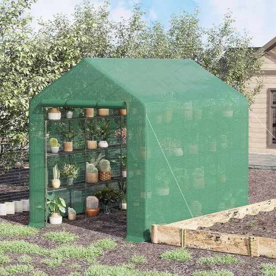 Buy Walk-in Greenhouse with 4 Tier 24 Shelves, Portable Grow House with Roll-up Zipped Door, 244 x 180 x 210cm, Green, 2 image