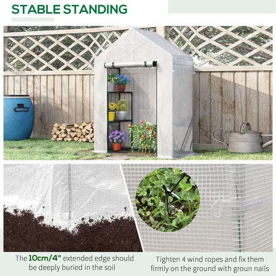 Buy Walk In Greenhouse with 2 Tier Shelf, Portable Gardening Plant Grow House Tomato Greenhouse with Roll up Zip Panel Door, Reinforced PE Cover, 143 x 73 x 195cm, Green, 6 image