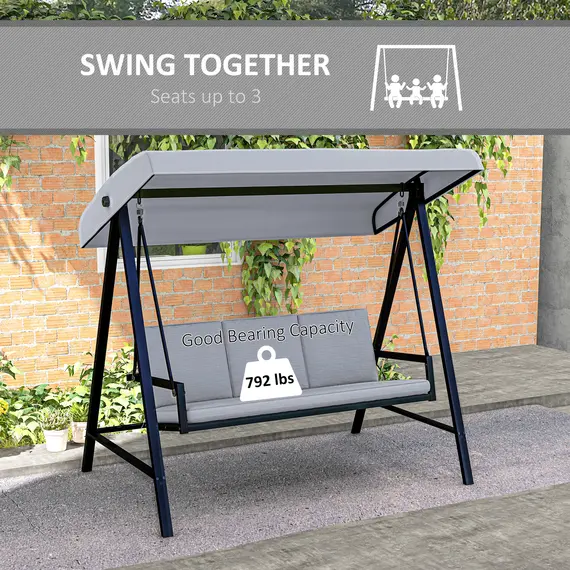 Buy Three-Seat Garden Swing Chair, with Adjustable Canopy - Grey, 7 image