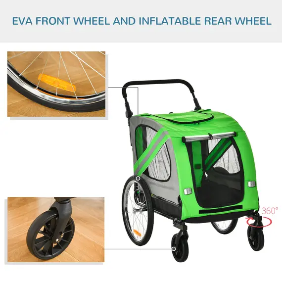 Buy 2-In-1 Dog Bike Trailer Pet Stroller Pushchair with Universal Wheel Reflector Flag Green, 8 image