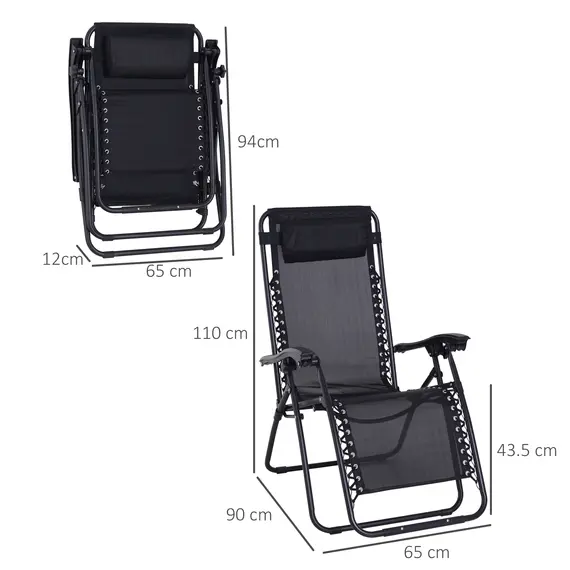 Buy Zero Gravity Chair Metal Frame Texteline Armchair Outdoor Folding and Reclining Sun Lounger with Head Pillow for Patio Decking Gardens Camping, Black, 3 image