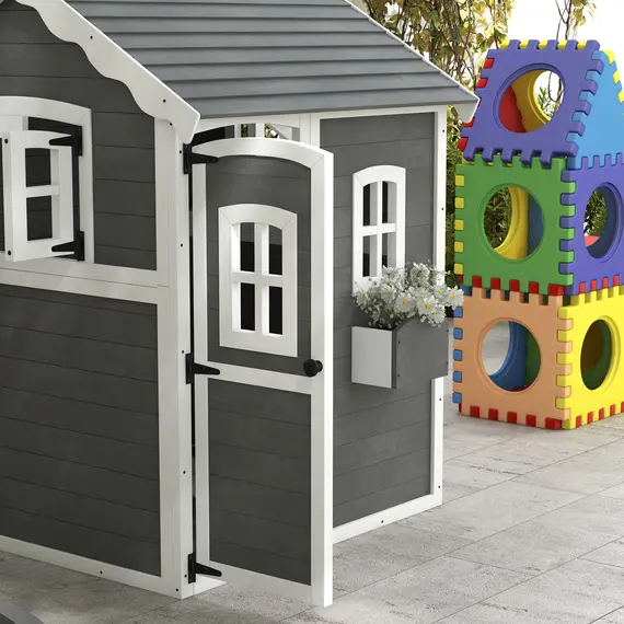 Buy Wooden Playhouse for Kids with Doors, Windows, Plant Box, Floors, for Ages 3-8 Years, for Gardens, Lawns, Patios - Grey, 8 image
