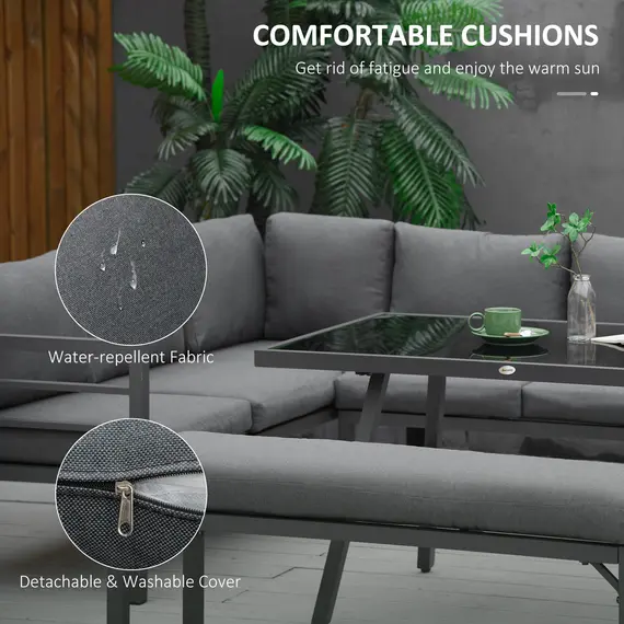 Buy  4 Piece L-shaped Garden Furniture Set 8-Seater Aluminium Outdoor Dining Set Conversation Sofa Set w/ Bench, Dining Table & Cushions, Grey, 5 image