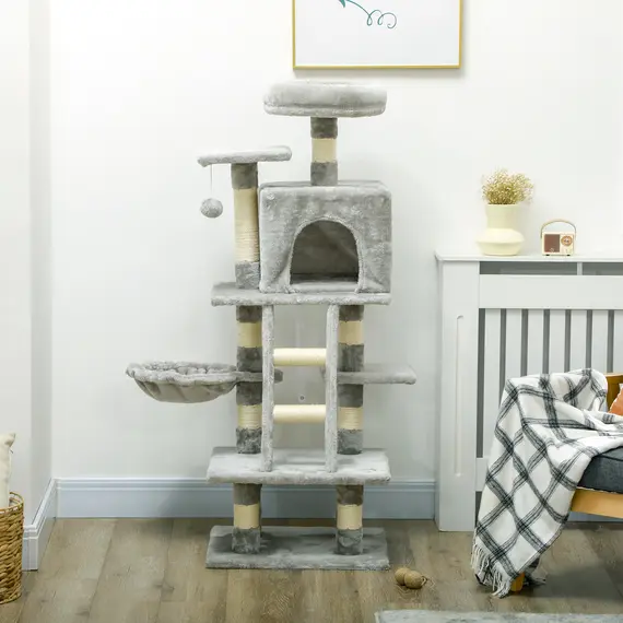 Buy 132cm Cat Tree with Scratching Post, House, Hammock, Toy Balls - Grey, 8 image