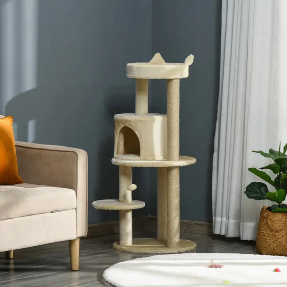 Buy 104 cm Cat Tree, Cat Condo Tree Tower, Cat Activity Centre with Scratching Posts, Plush Perch, Hanging Ball - Cream White, 2 image