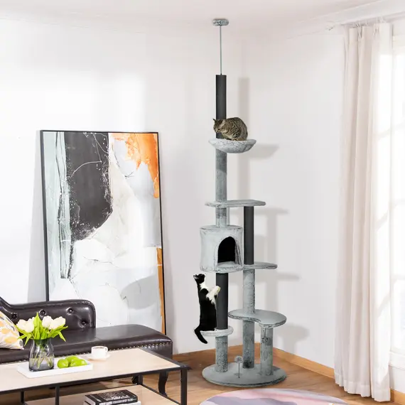 Buy 255cm Floor to Ceiling Cat Tree with Scratching Posts, Height Adjustable Cat Tower with Hammock, House, Anti-tipping Kit, Perches, Toys, Grey, 2 image
