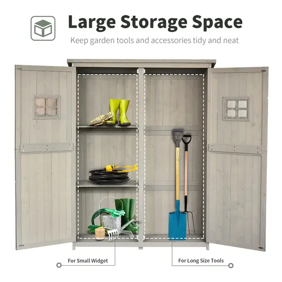 Buy Wooden Garden Shed with Two Windows, Tool Storage Cabinet, Outdoor Double Door Organizer 127.5L x 50W x 164H cm, Grey, 5 image