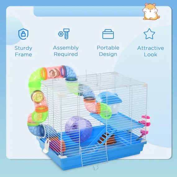 Buy 2 Tier Hamster Cage, Gerbil Cage with Handle, Exercise Wheels, Tunnel, Tube, Water Bottle, Dishes, Ladder, for Dwarf, Blue, 7 image