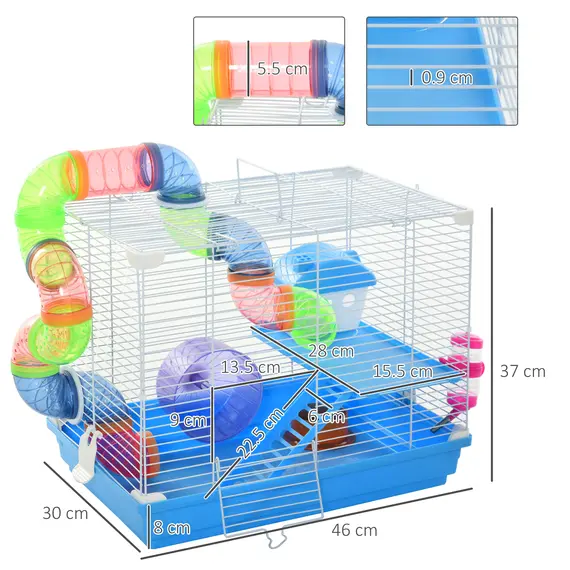 Buy 2 Tier Hamster Cage, Gerbil Cage with Handle, Exercise Wheels, Tunnel, Tube, Water Bottle, Dishes, Ladder, for Dwarf, Blue, 3 image