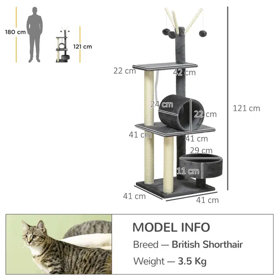 Buy 121cm Cat Tree Tower for Indoor Cats Kitten Activity Centre Scratching Post with Bed Tunnel Perch Interactive Ball Toy Grey, 3 image