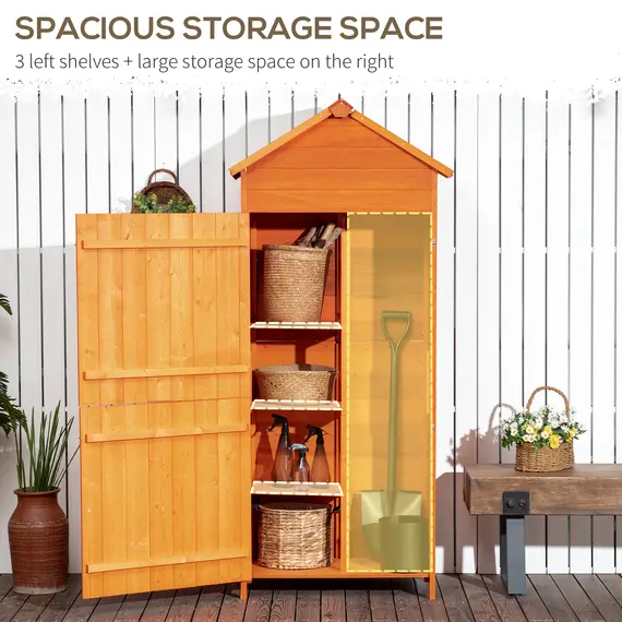 Buy Wooden Outdoor Storage Shed, Compact Utility Outdoor Tool Shed with Lockable Double Doors and Shelves, Orange, 4 image