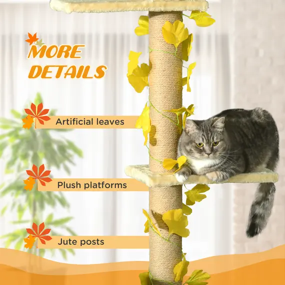 Buy 242cm Adjustable Floor-To-Ceiling Cat Tree, with Artificial Decoration, Perches, Anti-Slip Kit - Yellow, 6 image