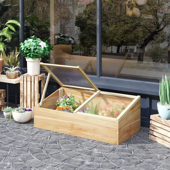 Buy Wooden Cold Frame Greenhouse Garden Polycarbonate Grow House  with Independent Openable Top Covers for Flowers, Vegetables, Plants, 100 x 50 x 36 cm, Natural, 2 image