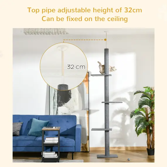 Buy 260cm Floor To Ceiling Cat Tree for Indoor Cats w/ Three Platforms Activity Centre - Grey, 5 image