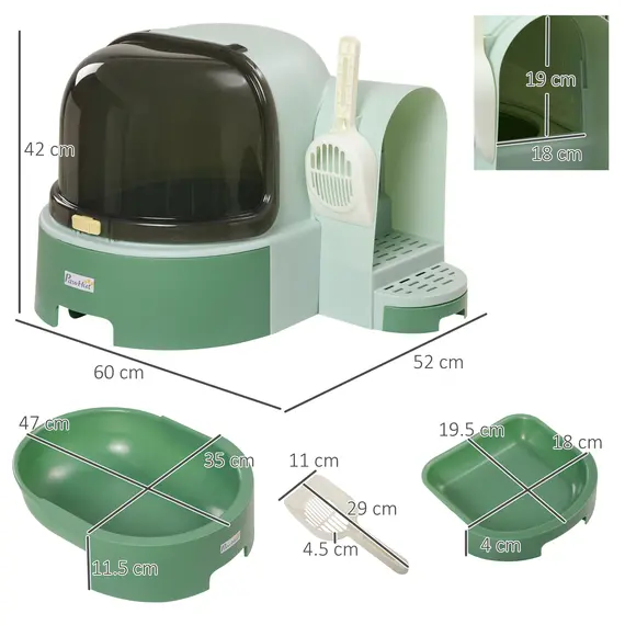 Buy 2 in 1 Cat Litter Box, with Drawer Pans, Scoop, Openable Cover - Green, 3 image