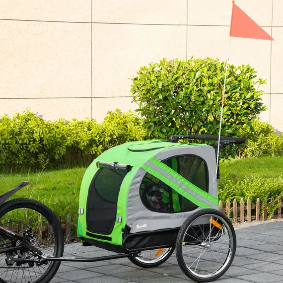 Buy 2-In-1 Dog Bike Trailer Pet Stroller Pushchair with Universal Wheel Reflector Flag Green, 2 image
