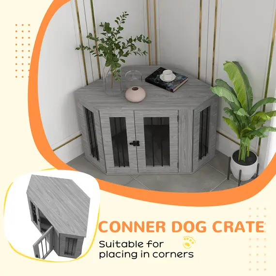 Buy 2 in 1 Dog Crate Furniture Side Table, with Cushion, 104 x 55 x 63cm - Grey, 5 image