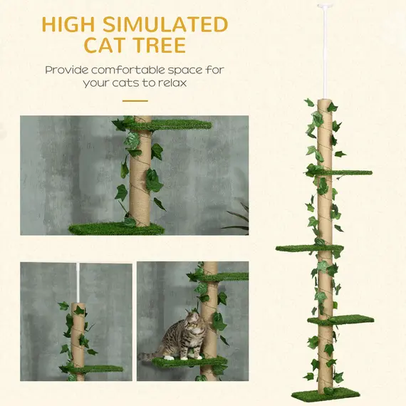 Buy 242cm Adjustable Floor-To-Ceiling Cat Tree, with Artificial Decoration, Perches, Anti-Slip Kit - Green, 4 image