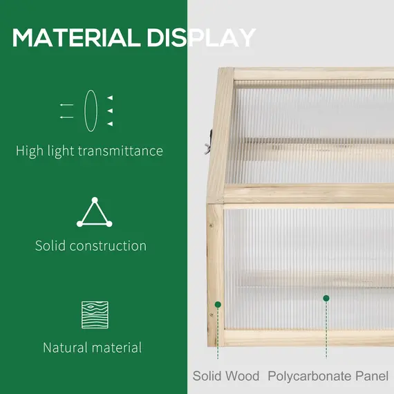 Buy Wooden Cold Frame Garden Polycarbonate Greenhouse with Openable Top Cover, Grow House for Flowers, Vegetables, Plants, 90 x 52 x 50cm, Natural, 4 image