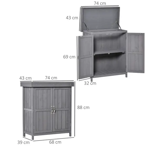 Buy Wooden Garden Storage Shed with Hinged Roof and Shelves, Outdoor Storage Cabinet Chest, Double Doors, 74 x 43 x 88cm, Grey, 3 image