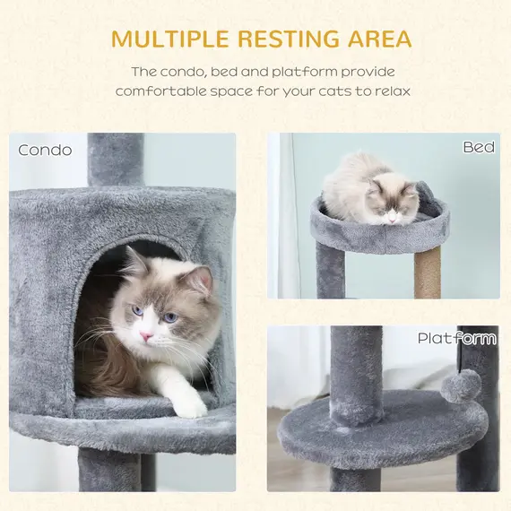 Buy 104 cm Cat Tree, Cat Condo Tree Tower, Cat Activity Centre with Scratching Posts, Plush Perch, Hanging Ball - Grey, 5 image