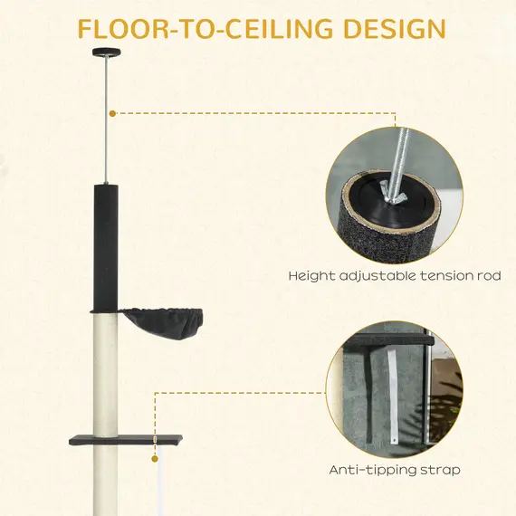 Buy 240-270cm Floor-To-Ceiling Cat Tree, 5 Tier Cat Climbing Tower, with Bed, Hammock, Platforms, Black and Cream, 5 image