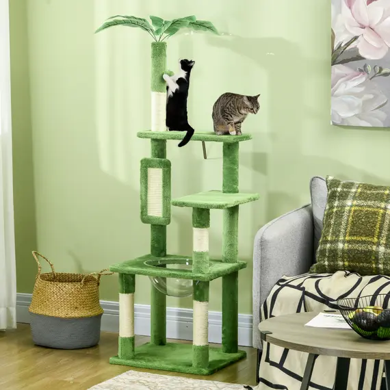 Buy 142cm Cat Tree Tower, with Scratching Post, Hammock, Toy Ball, Platforms - Green, 2 image