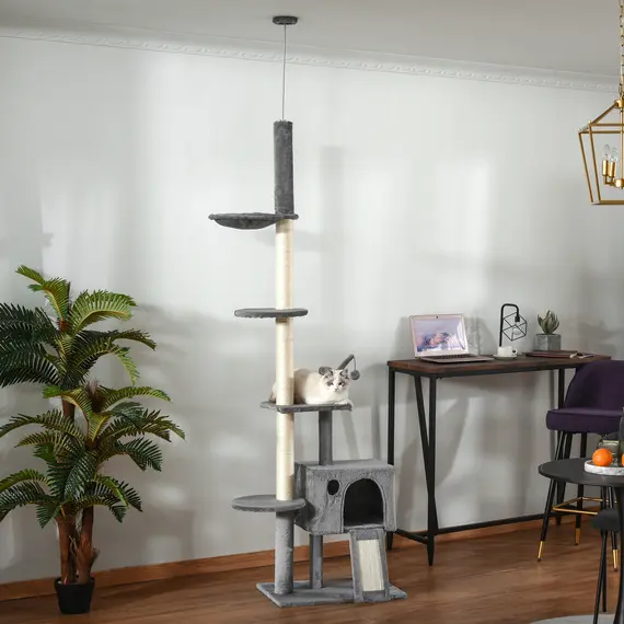 Buy 270cm Floor To Ceiling Cat Tree Cat House Scratching Post for Indoor Cats Hammock Hanging Ball Activity Center Grey, 2 image