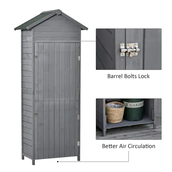 Buy Wooden Garden Storage Shed Utility Gardener Cabinet w/ 3 Shelves, Tilted-felt Roof and Two Lockable Doors, 79cm x 49cm x 191.5cm, Dark Grey, 7 image