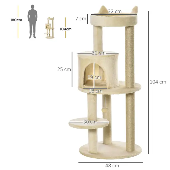 Buy 104 cm Cat Tree, Cat Condo Tree Tower, Cat Activity Centre with Scratching Posts, Plush Perch, Hanging Ball - Cream White, 3 image