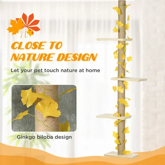 Buy 242cm Adjustable Floor-To-Ceiling Cat Tree, with Artificial Decoration, Perches, Anti-Slip Kit - Yellow, 4 image