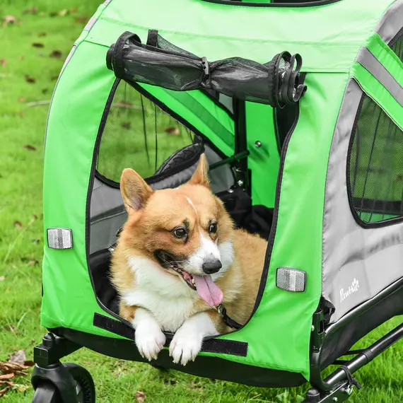 Buy 2-In-1 Dog Bike Trailer Pet Stroller Pushchair with Universal Wheel Reflector Flag Green, 3 image