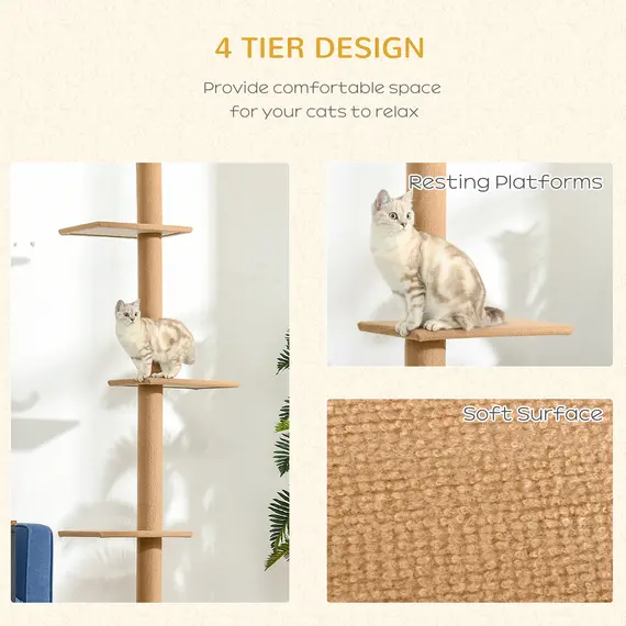 Buy 260cm Floor To Ceiling Cat Tree for Indoor Cats w/ Three Platforms Activity Centre - Brown, 6 image
