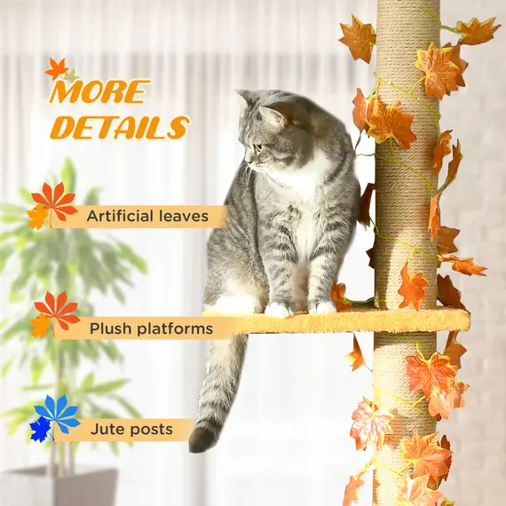Buy 242cm Adjustable Floor-To-Ceiling Cat Tree, with Artificial Decoration, Perches, Anti-Slip Kit - Orange, 6 image