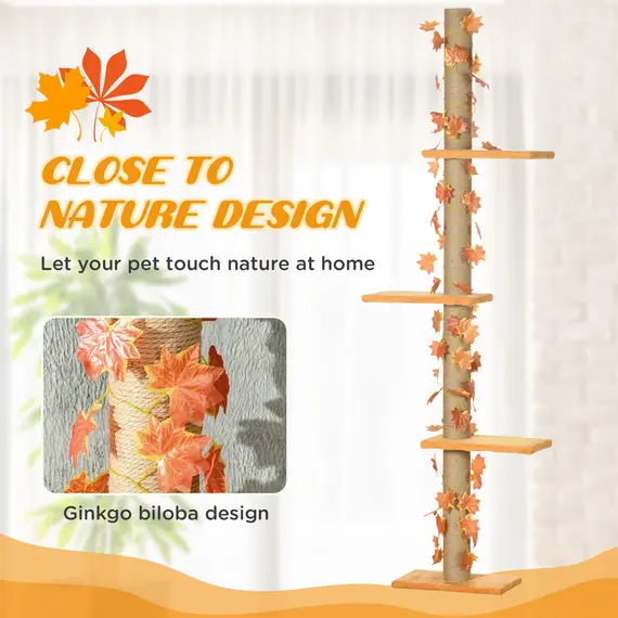 Buy 242cm Adjustable Floor-To-Ceiling Cat Tree, with Artificial Decoration, Perches, Anti-Slip Kit - Orange, 4 image
