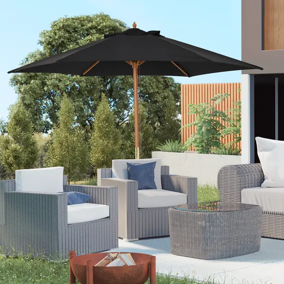 Buy Wooden Garden Umbrella Sun Shade with Top Vents, Bamboo Ribs and Sturdy Wood Pole, Black, 2 image