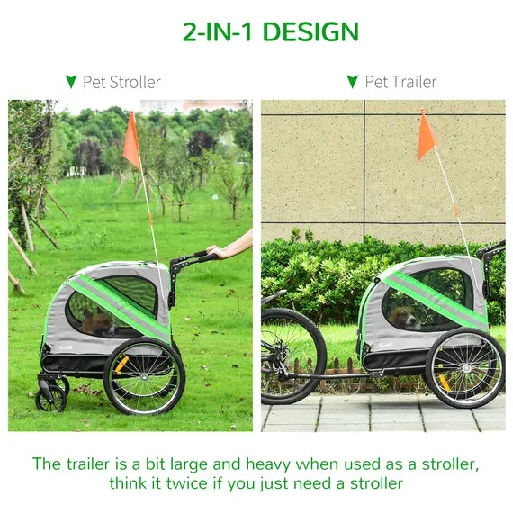 Buy 2-In-1 Dog Bike Trailer Pet Stroller Pushchair with Universal Wheel Reflector Flag Green, 5 image