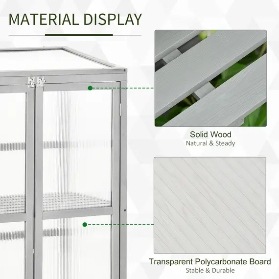 Buy Wooden Cold Frame Greenhouse Polycarbonate Garden Grow House for Flower Vegetable Plants with Adjustable Shelf, Double Doors, 76 x 47 x 110cm, Light Grey, 6 image