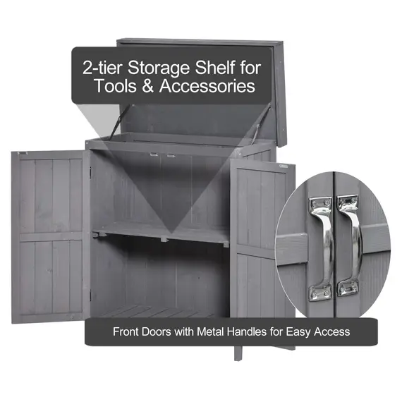 Buy Wooden Garden Storage Shed with Hinged Roof and Shelves, Outdoor Storage Cabinet Chest, Double Doors, 74 x 43 x 88cm, Grey, 6 image
