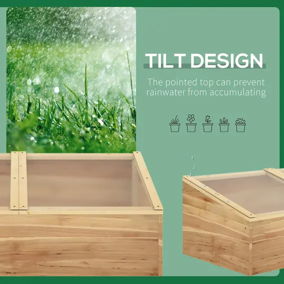 Buy Wooden Cold Frame Greenhouse Garden Polycarbonate Grow House  with Independent Openable Top Covers for Flowers, Vegetables, Plants, 100 x 50 x 36 cm, Natural, 4 image