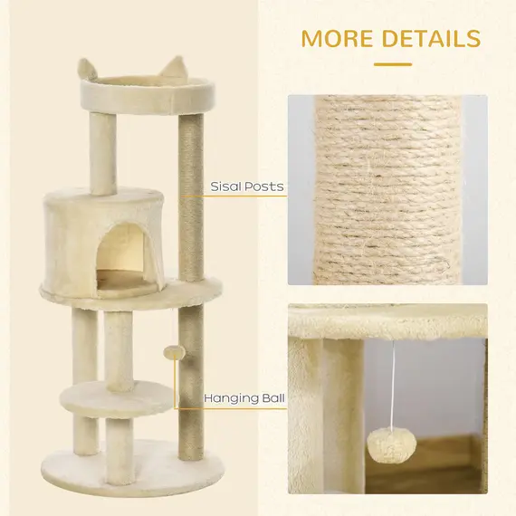 Buy 104 cm Cat Tree, Cat Condo Tree Tower, Cat Activity Centre with Scratching Posts, Plush Perch, Hanging Ball - Cream White, 5 image