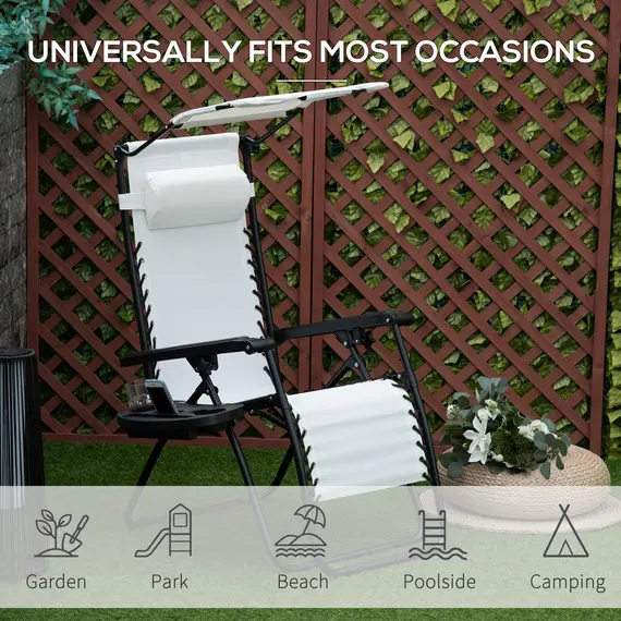 Buy Zero Gravity Garden Folding Patio Sun Lounger w/Cup Holder & Canopy Shade White, 7 image