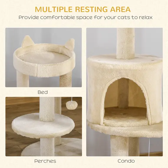 Buy 104 cm Cat Tree, Cat Condo Tree Tower, Cat Activity Centre with Scratching Posts, Plush Perch, Hanging Ball - Cream White, 4 image