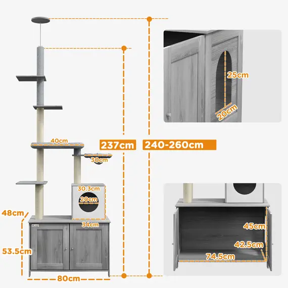 Buy 2-in-1 Floor-To-Ceiling Cat Tree with Hidden Litter Box, for Indoor Use - Grey, 3 image