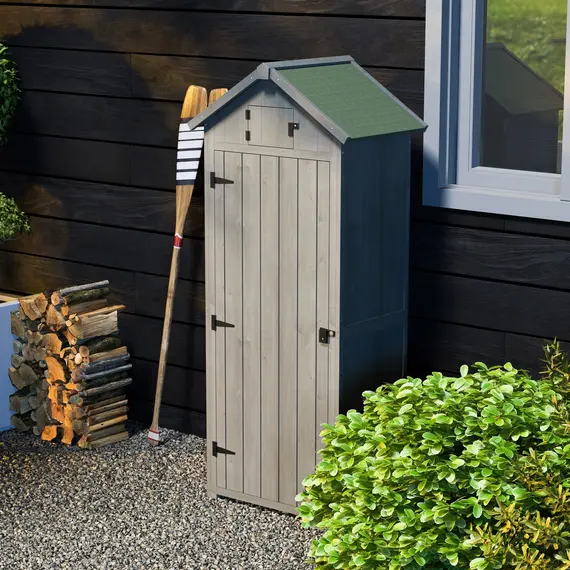 Buy Wooden Garden Shed, Utility Outdoor Small Shed with Lockable Double Doors, Shelves and Roof Hatch, Grey, 2 image